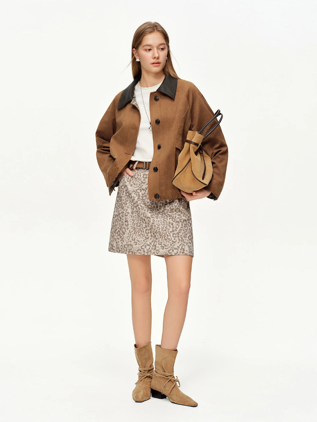 DUSHU 2026 Spring Women's Rustic Faux Suede Loose Fit Cropped Jacket - Soft Comfortable Short Coat for Casual Outdoor Daily Wear
