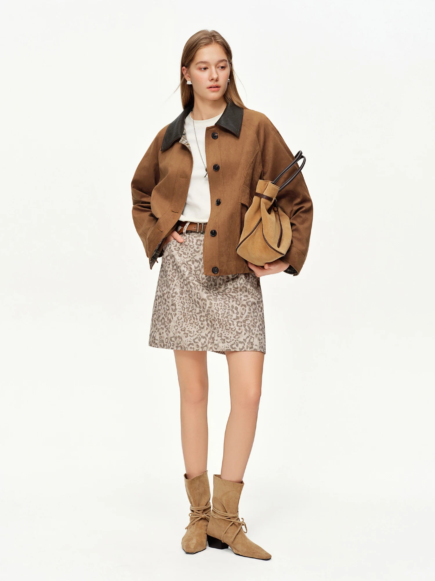 DUSHU 2026 Spring Women's Rustic Faux Suede Loose Fit Cropped Jacket - Soft Comfortable Short Coat for Casual Outdoor Daily Wear