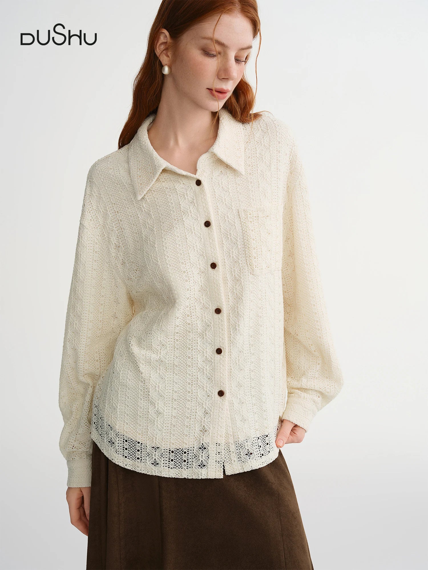 DUSHU Romantic Artistic Hollow Out Embroidery Shirt Women 2025 Winter New Loose Tops Soft French Style Temperament Commuting