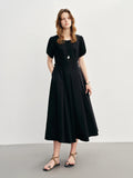 DUSHU Pleated Waist-defined Dress 2025 Summer New Short Sleeve Fashion Commuter MIdi-length Dresses25DS88027