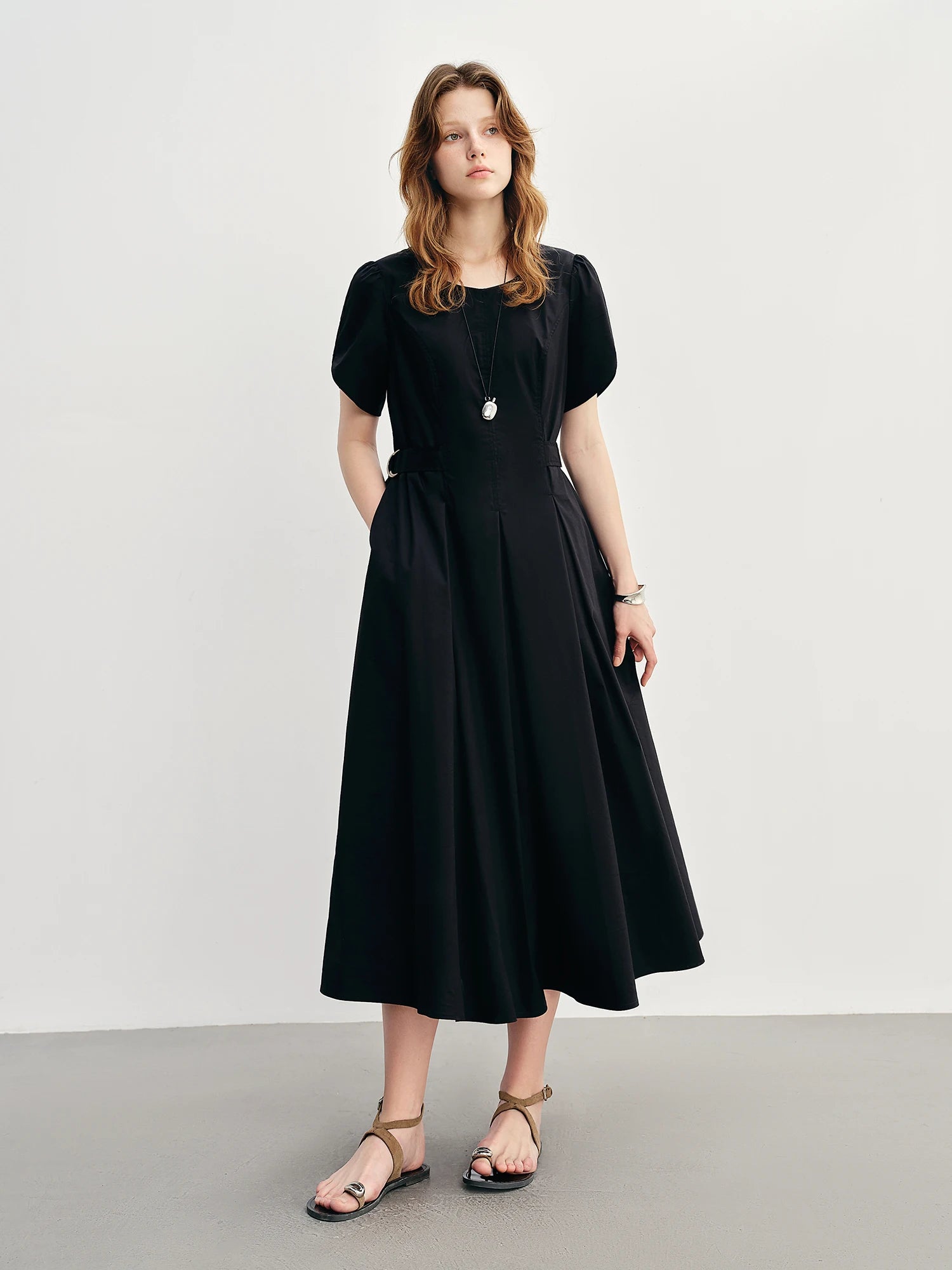 DUSHU Pleated Waist-defined Dress 2025 Summer New Short Sleeve Fashion Commuter MIdi-length Dresses25DS88027