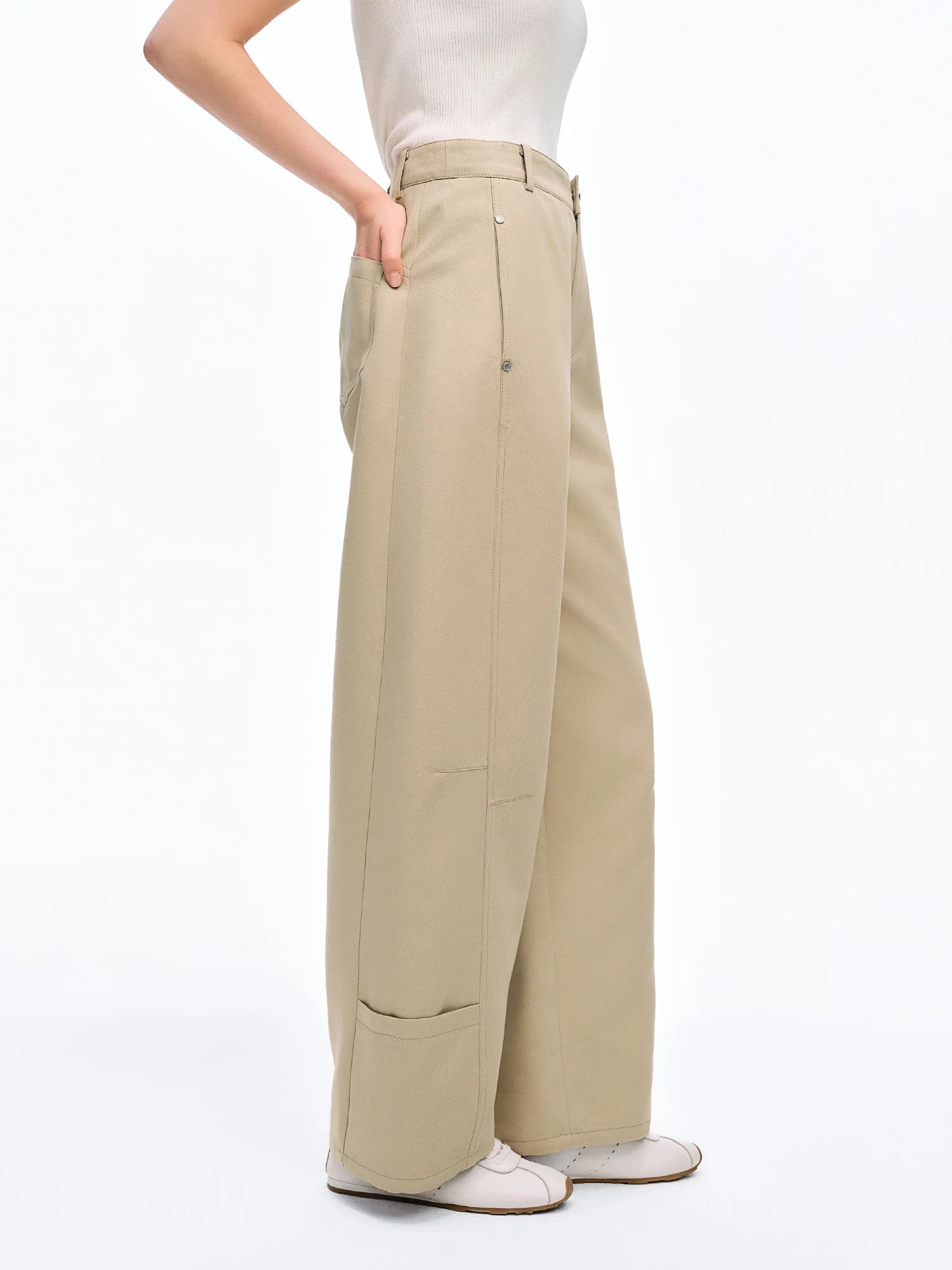 DUSHU Women's Workwear inspired Casual Pants High-waist Ripped Seam Metal Studs Straight-leg Long Pants 2026 Summer New Arrival