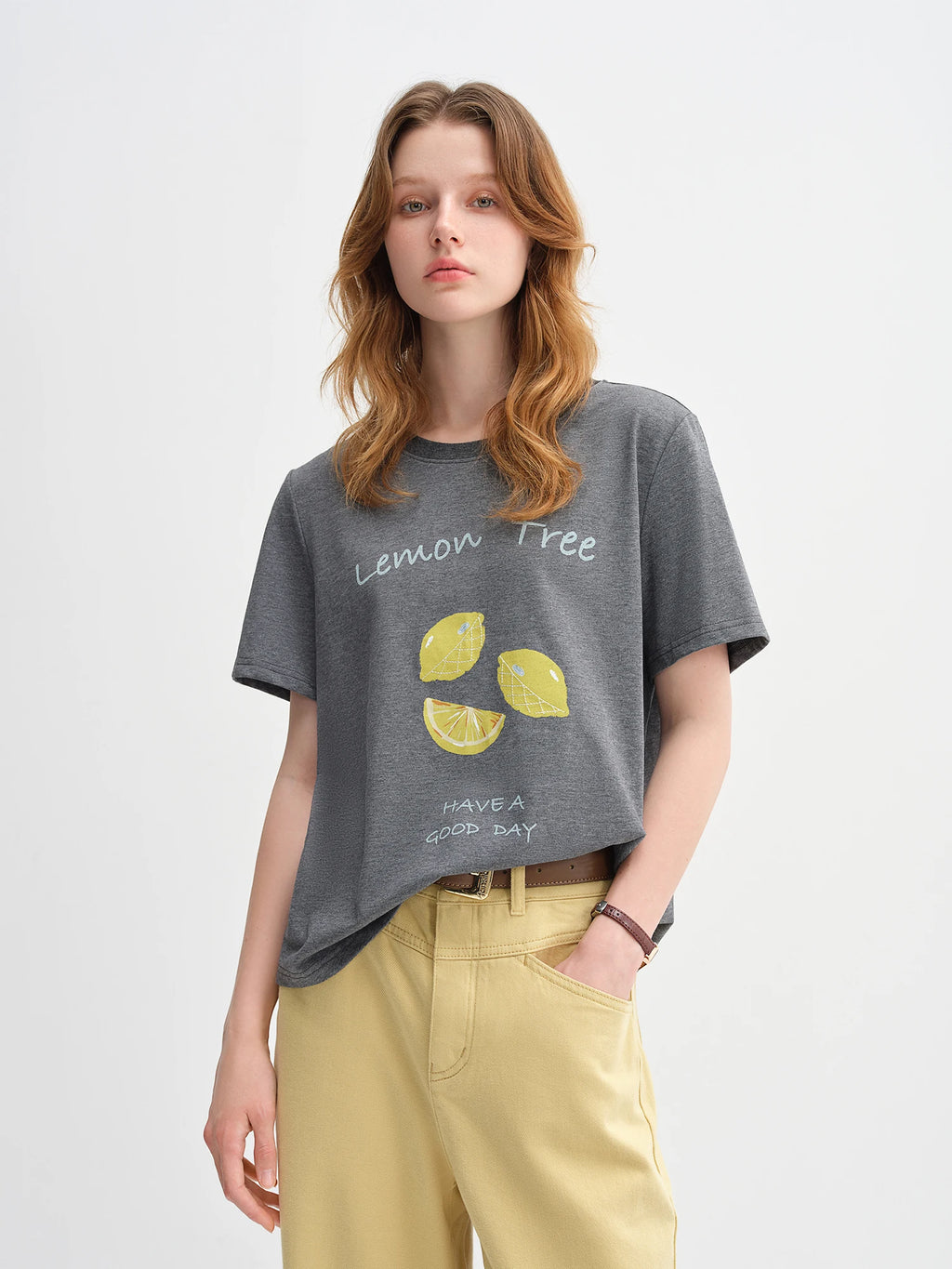 DUSHU 79.6% Cotton Women's Simple Straight Shoulder Loose Fruit Print T-shirt Female 2025 New Autumn Short-sleeved Top 25DS83171