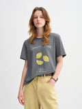 DUSHU 79.6% Cotton Women's Simple Straight Shoulder Loose Fruit Print T-shirt Female 2025 New Autumn Short-sleeved Top 25DS83171