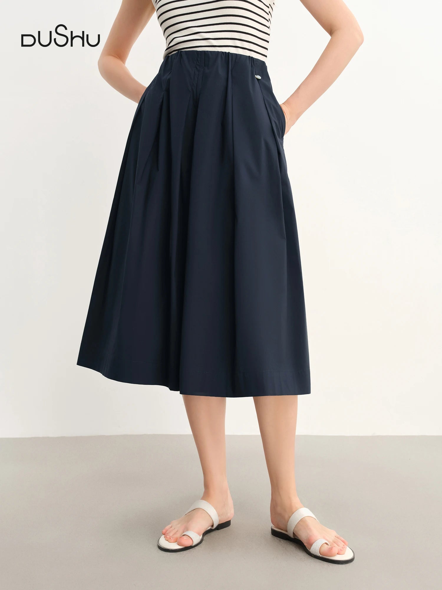 DUSHU Plus-Size Women High-Waisted Wide-Leg Casual Pants - Two-Tone Relaxed Elegance Slimming Tros for Summer 2025 New 25DS82809