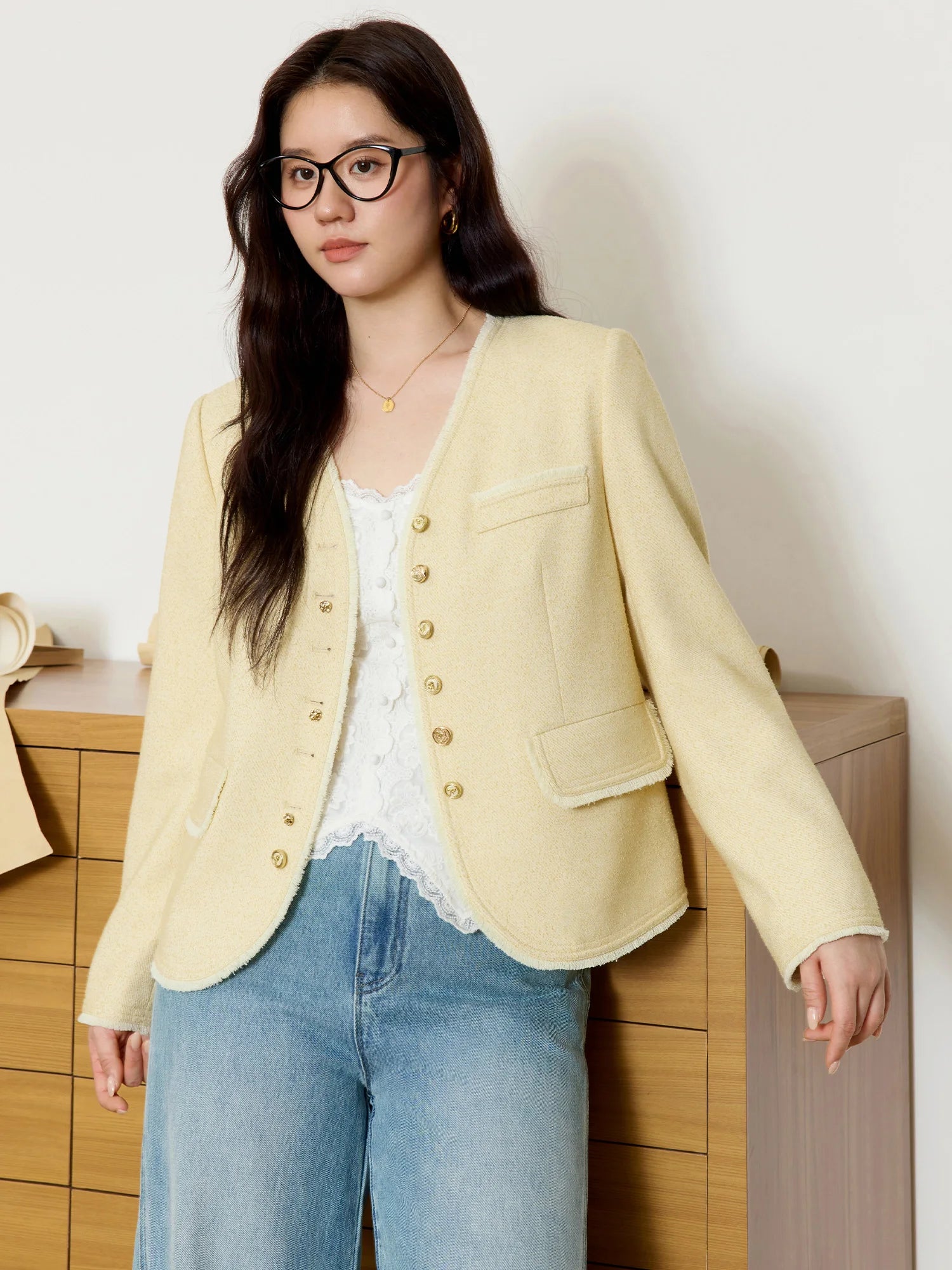 DUSHU Plus Size Women's Tassel Hairy Short Coat 2025 Spring New Office Lady Fashion V-neck Casual Loose Coat 25DS81079