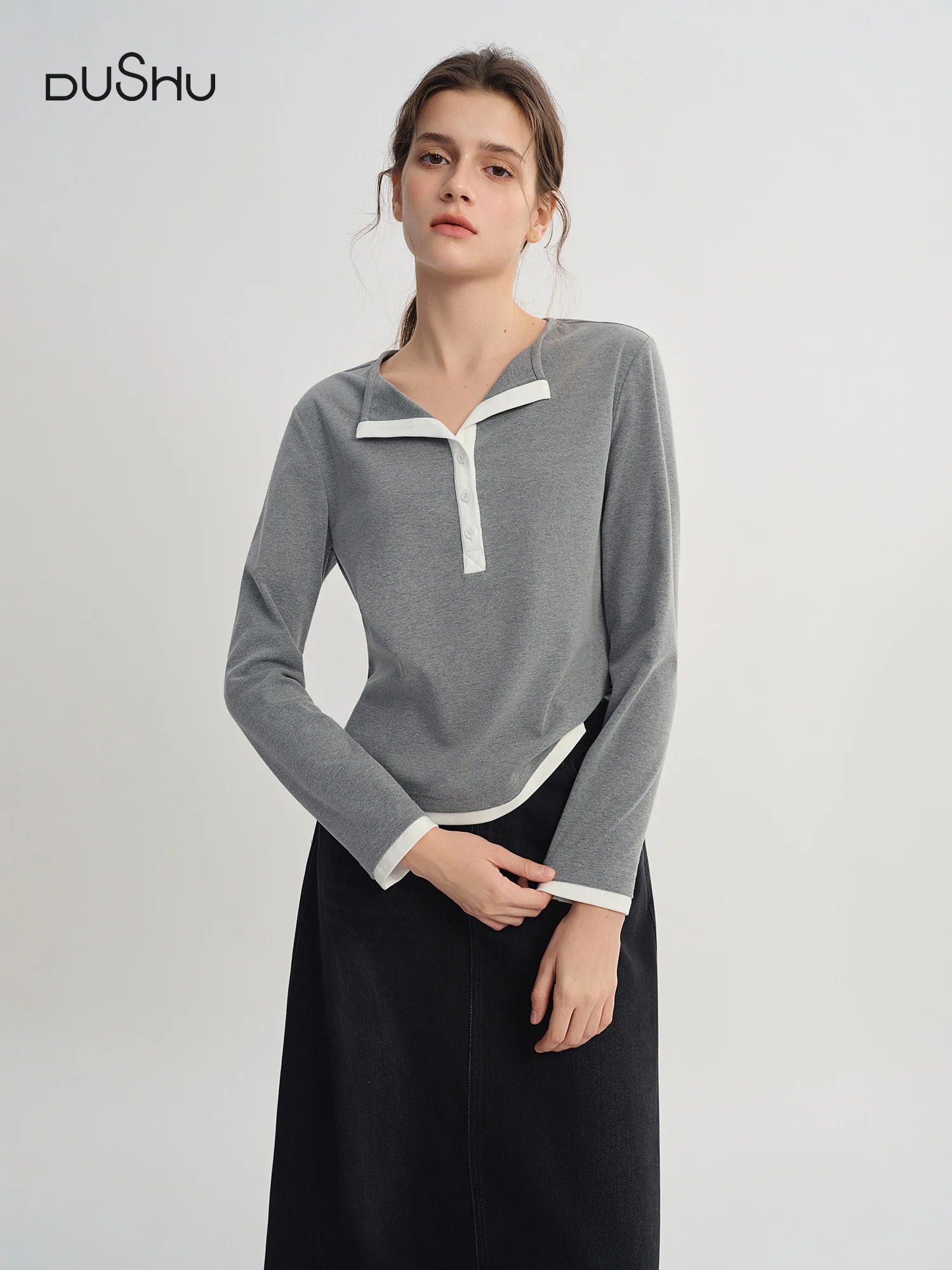 DUSHU Autumn 2025 Women's Long Sleeve T-Shirt - Contrast Colorblock Henley Neck Top with Breathable Fabric for Office Casual