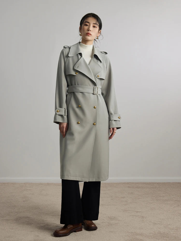DUSHU Classic British Style Mid Length Trench Coat 2023 Autumn New Retro Style Jacket For Women Grey Casual Loose Women Trench