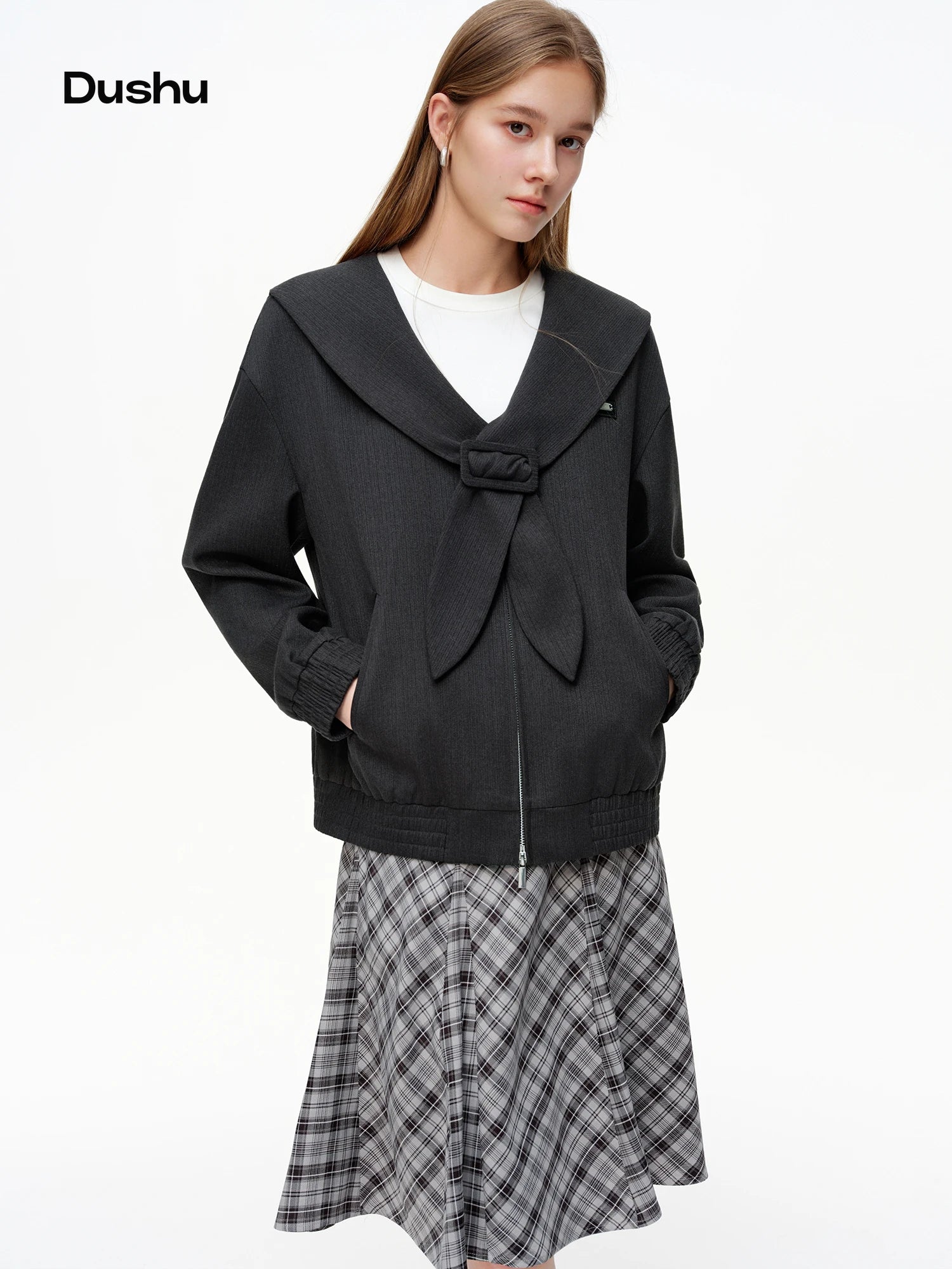 DUSHU Women's Nautical Collar Drop Shoulder Jacket 2026 Spring Oversized Slim Outerwear Zipper Coats Age-reducing Japanese Style