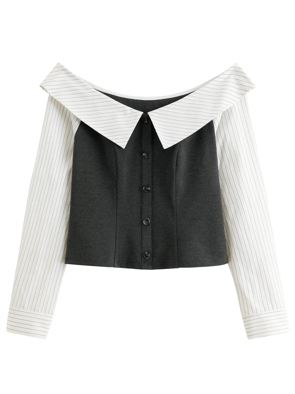 DUSHU 2026 Spring Women's Off-Shoulder Contrast Panel T-Shirt Waist-Defining Seam Ruffle Trim - Fashion Cropped Top for Casual