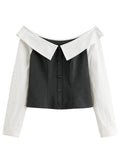 DUSHU 2026 Spring Women's Off-Shoulder Contrast Panel T-Shirt Waist-Defining Seam Ruffle Trim - Fashion Cropped Top for Casual