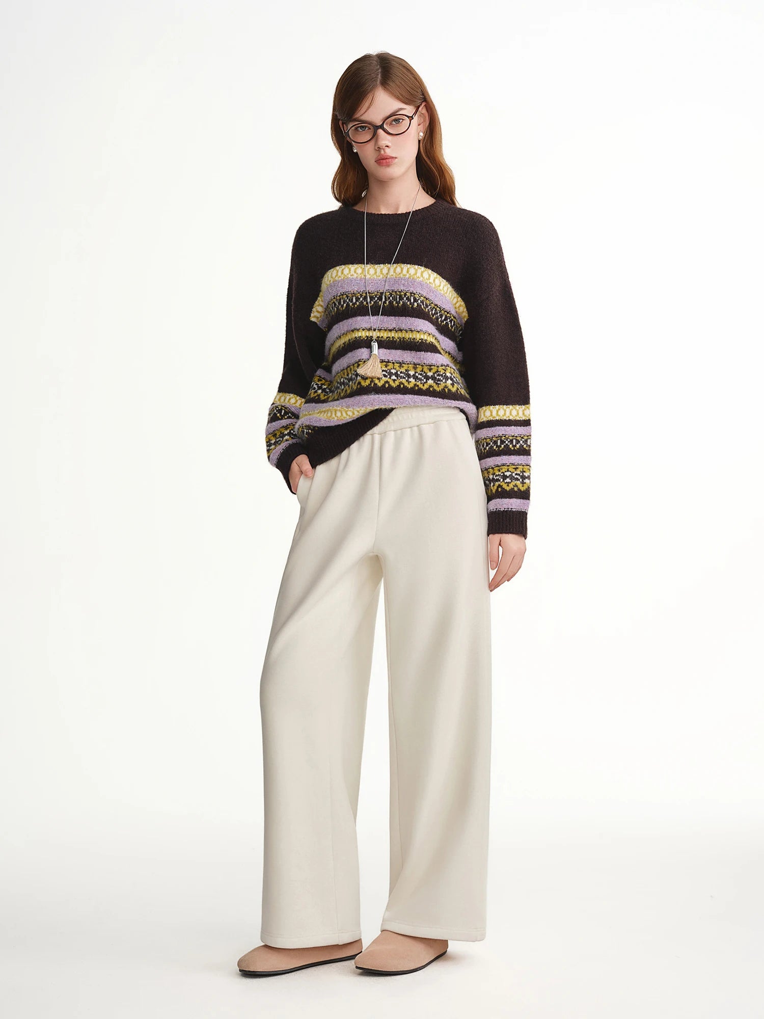 DUSHU Plus Size High Waist Fleece Lined Straight Leg Pants Winter Warm Elastic Waist Casual Trousers Cozy Plush Casual Pants