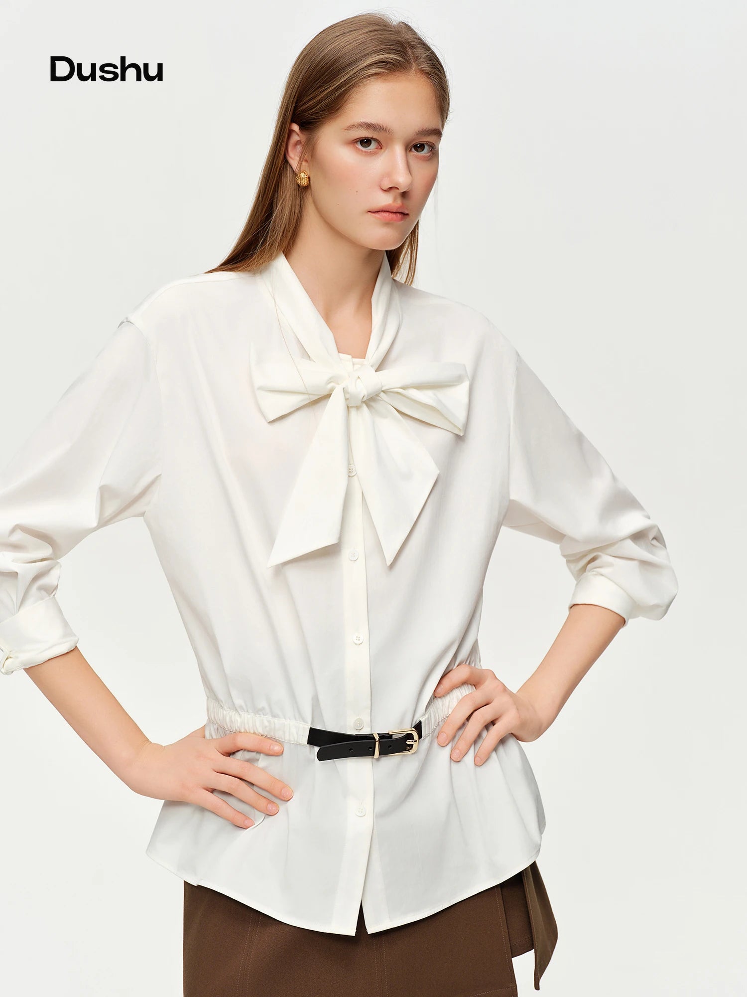 DUSHU Soft Mist Gentle Breeze Women's Blouse Stylish Belted Waist-Cinching Tie-Front White Shirt 2026 Spring New Arrival Shirts