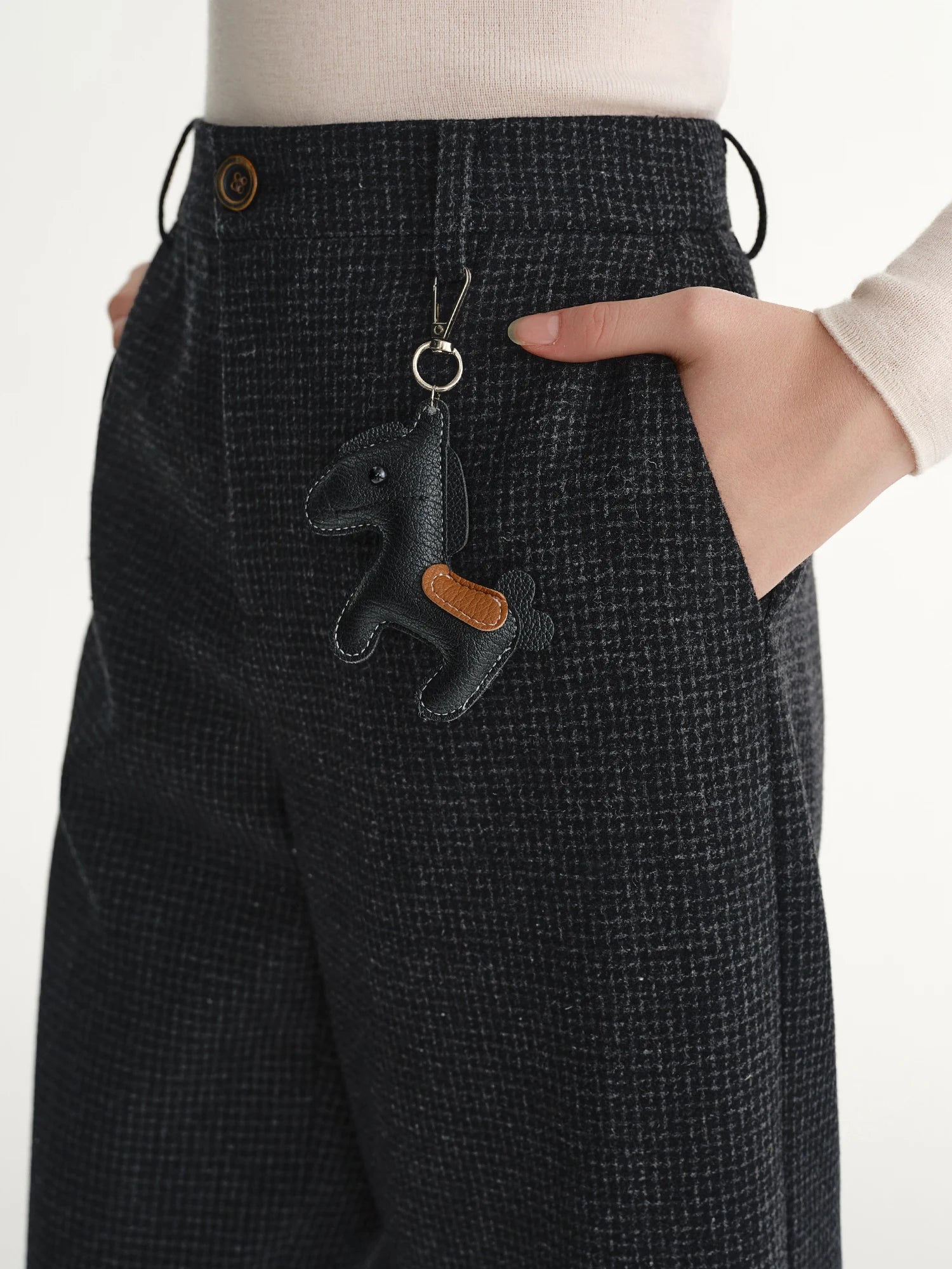 DUSHU Plus-Size Gray Wool Blend Fine Check Cropped Casual Pants 2025 Winter High-Waisted Calf-length Straight British Style