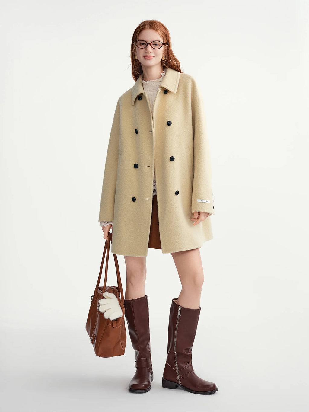 DUSHU 2025 Women's Contrast Color Double Breasted Wool Coat Winter Warm Double Faced Tweed Overcoat Elegant Loose Fit Outerwear