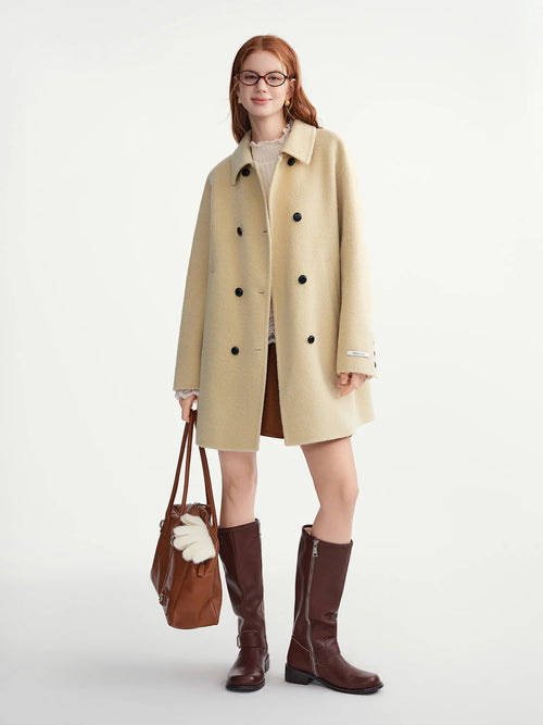 DUSHU 2025 Women's Contrast Color Double Breasted Wool Coat Winter Warm Double Faced Tweed Overcoat Elegant Loose Fit Outerwear