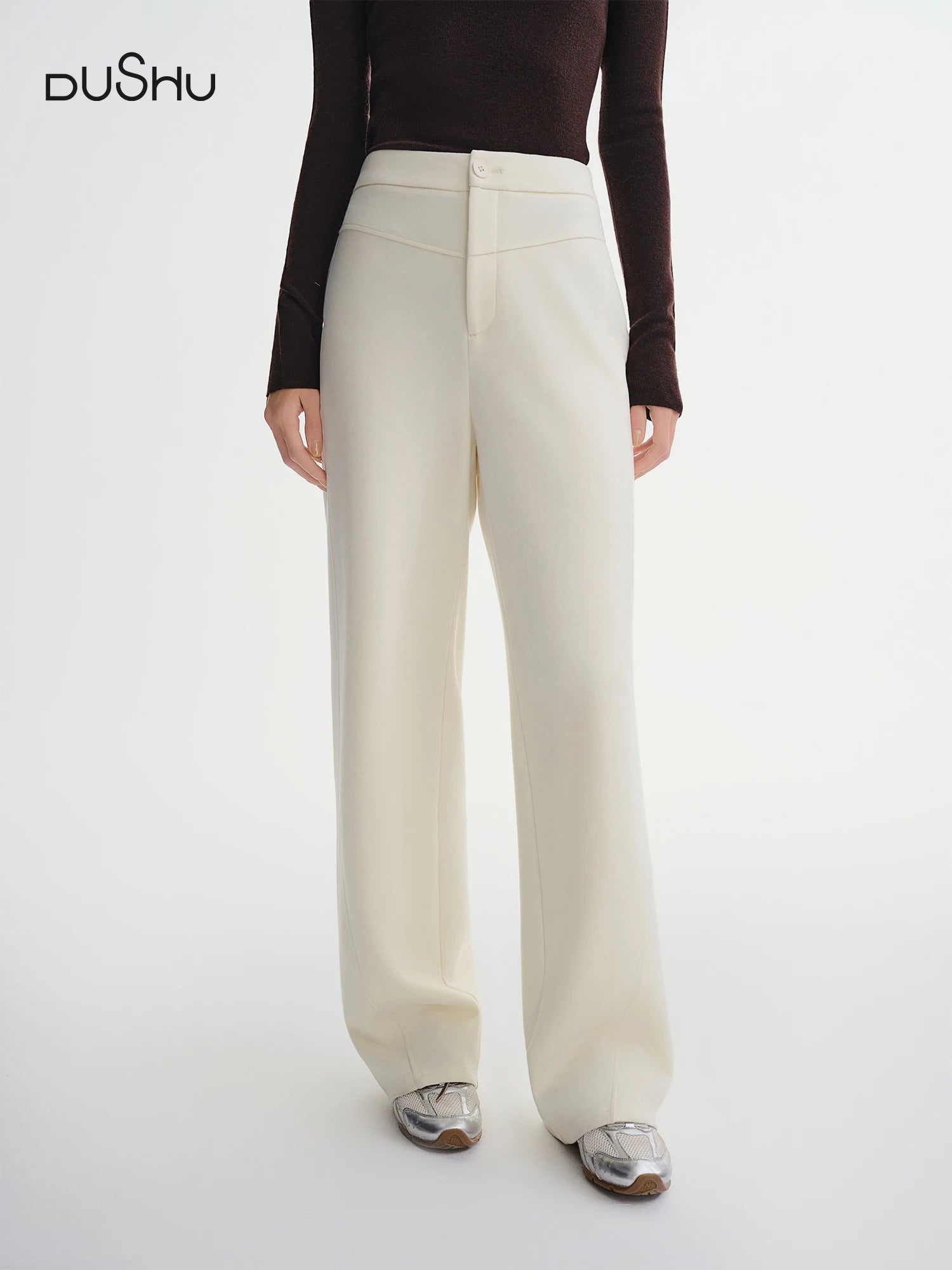 DUSHU Straight High Waist Slim Fit Casual Pants Women Wool Warm Winter Leisure Basics All-match Simple Commuting