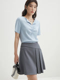 DUSHU【2 Colors】Women Simple Pleated Lapel Short-sleeved T-shirts Summer Front Shoulder Thin Knitted Grey Tees 24DS82113