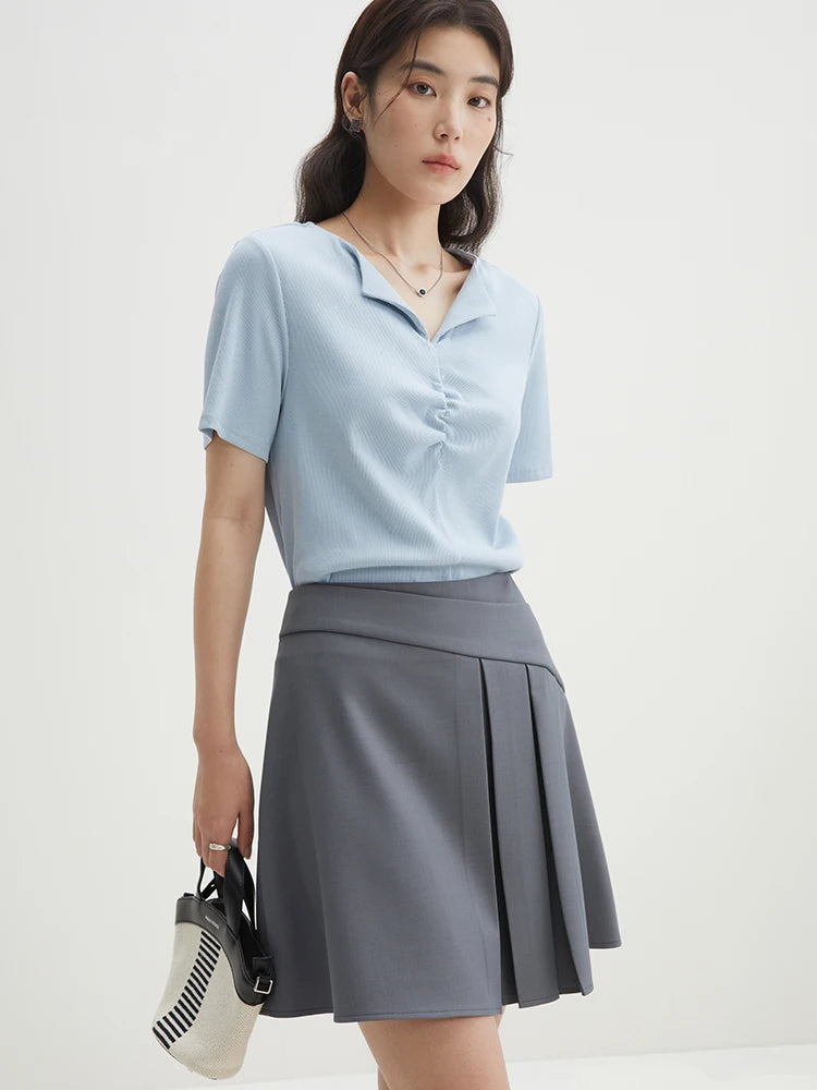 DUSHU【2 Colors】Women Simple Pleated Lapel Short-sleeved T-shirts Summer Front Shoulder Thin Knitted Grey Tees 24DS82113