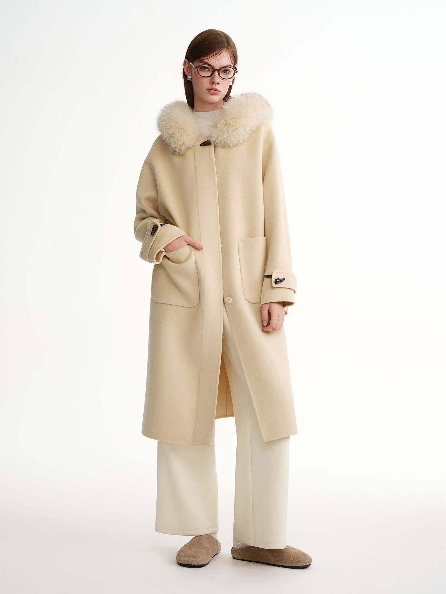 DUSHU Plus-Size Women's Sunset Snow Mountain Fox Fur Collar Double-Faced Wool Overcoat: 2025 Winter New Arrival 100% Wool Coats