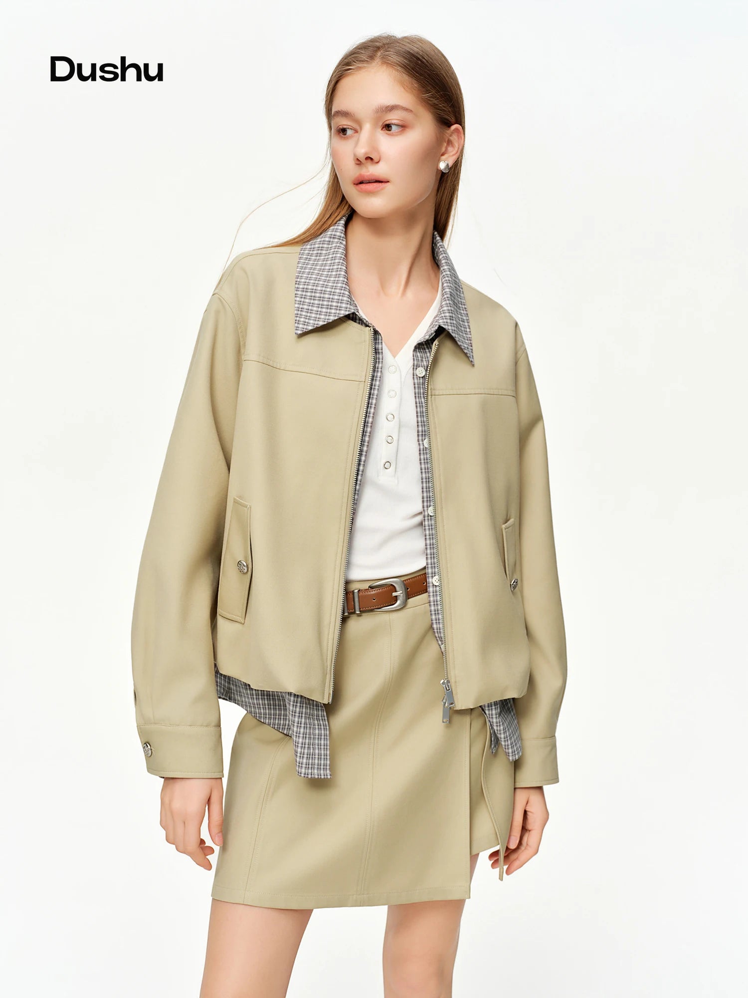 DUSHU 2025 Spring Women Faux Two-Piece Plaid Panel Short Jacket - Retro Flattering Fit Cropped Outerwear for Casual Daily Wear