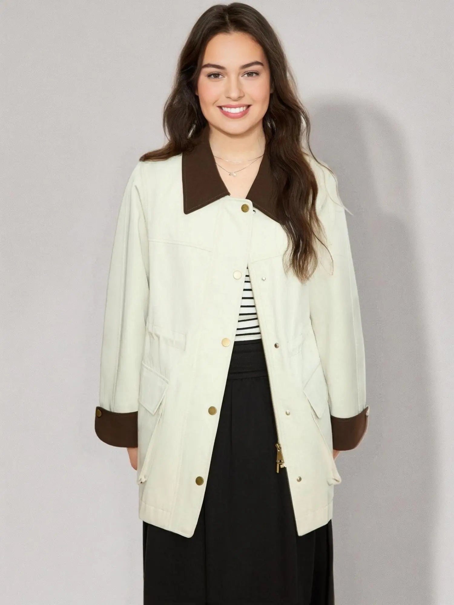 DUSHU Women Spring Casual Trench One Hand Length Turn-down Collar Trenches Drawstring Women Beige Grey Coats 25DS81201