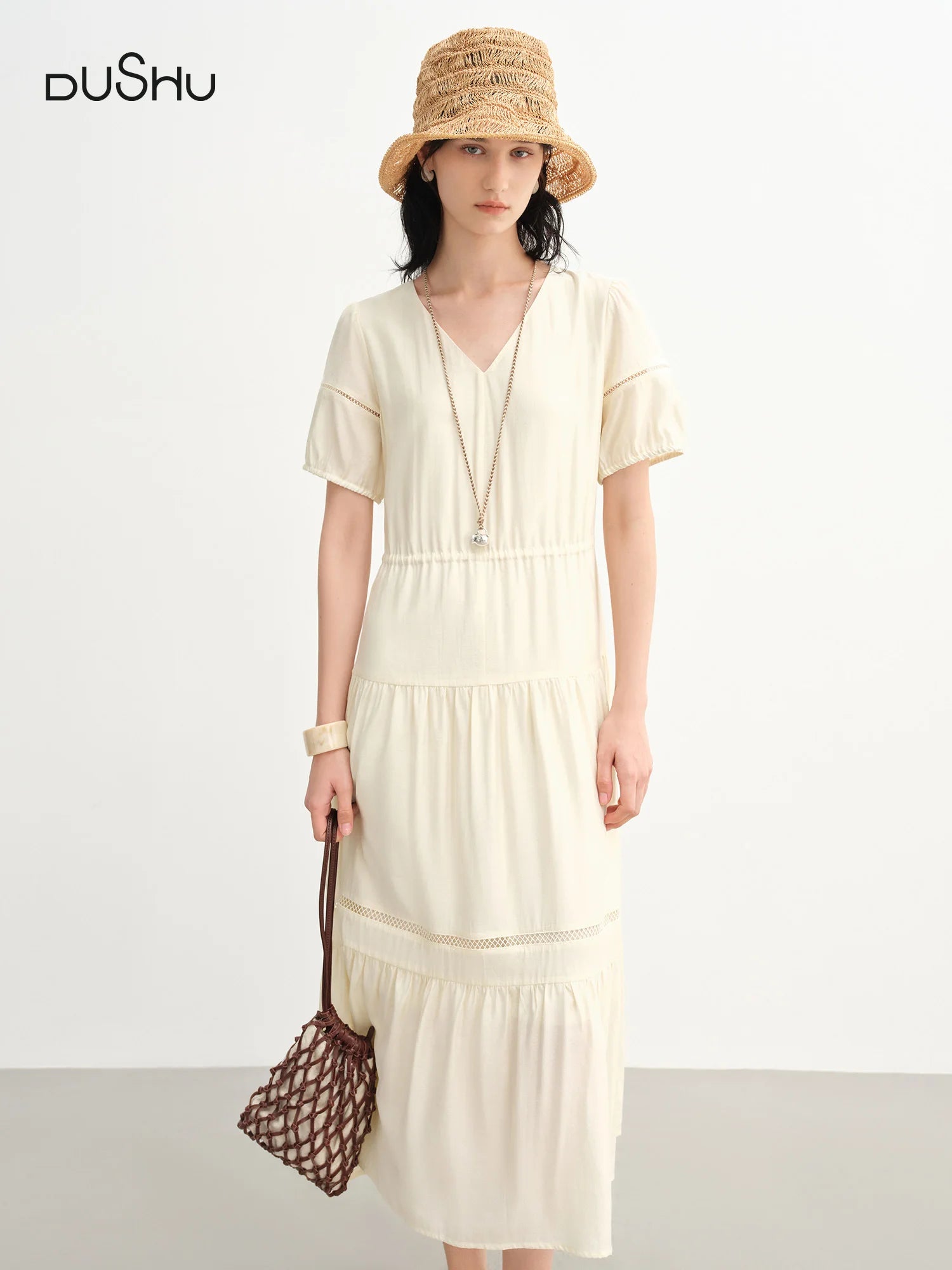 DUSHU 2025 Summer Women's Curve-Flattering Tiered Hem Dress - French-Inspired Design & Breathable Linen for Hourglass Silhouette