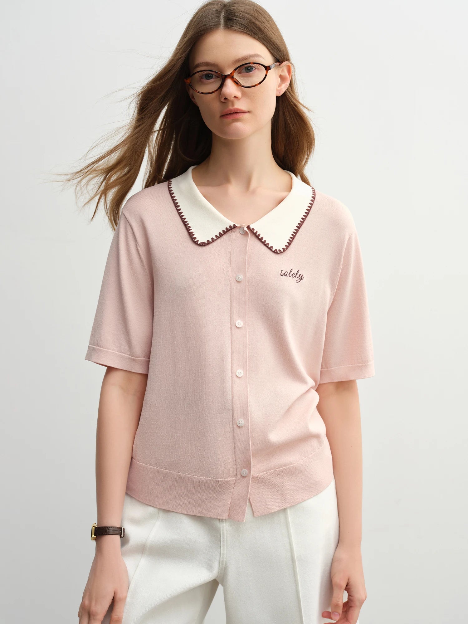 DUSHU Plus Size Women Contrast Color Lapel Knitted Short Sleeve Cardigan 2025 Summer New Polo Collar Tops for Women 25DS82256