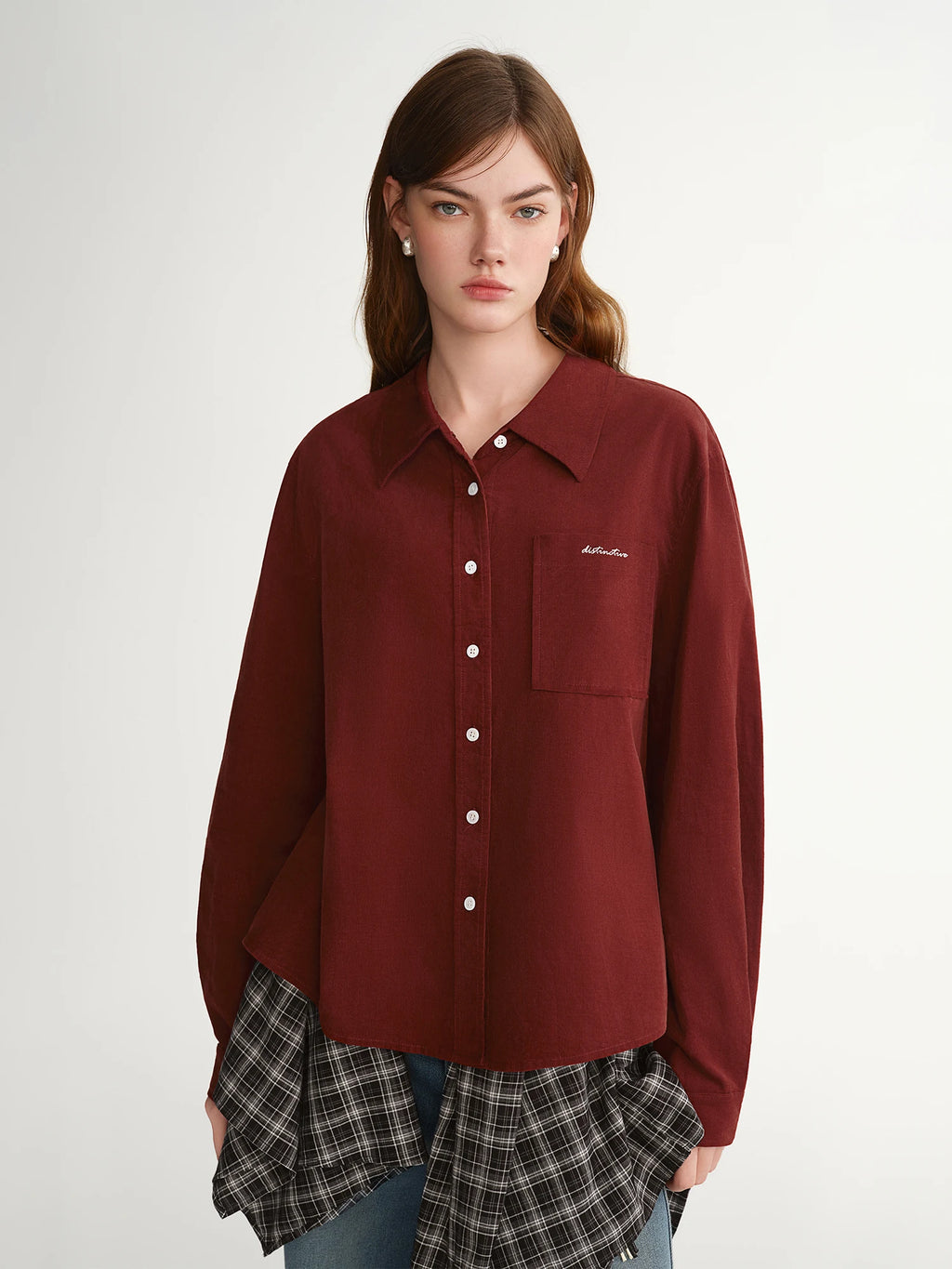 DUSHU Women's Retro Red Embroidered Corduroy Shirt Loose Top Long Sleeve Simple Solid Commuting All-match Cotton Soft Winter