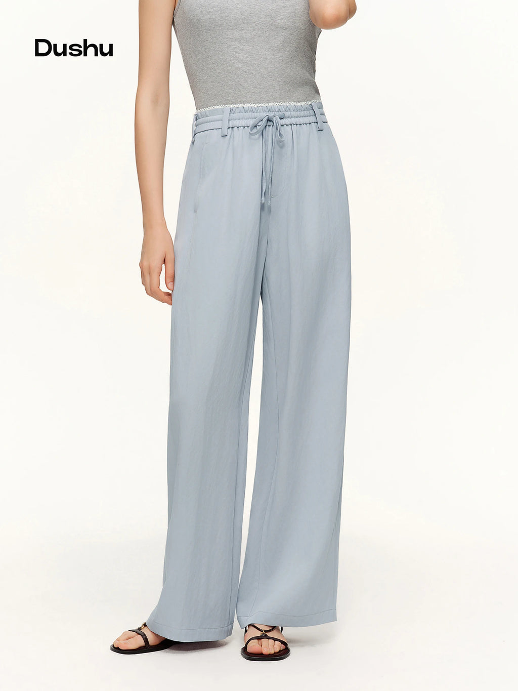 DUSHU 2026 Spring Women's Elastic Waist Drawstring Straight Leg Pants - Flowy Draping Comfortable Relaxed Fit Casual Trousers