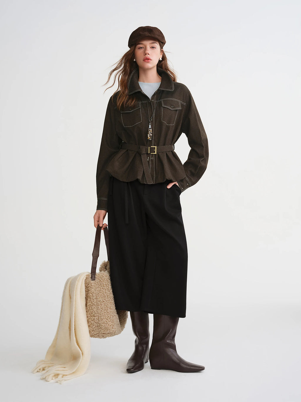 DUSHU Plus-Size Women's Fashion Urban Nomadic Style Bell-Flared Oversized Contrast Stitching Blouse Winter Tops 2025 New Arrival