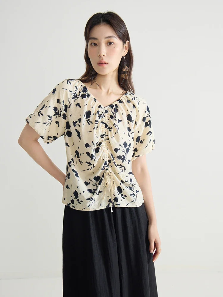 DUSHU New Chinese Style Unique Design Printing Elegant Shirt Summer New V-neck Loose Versatile Casual Top For Women 24DS82644