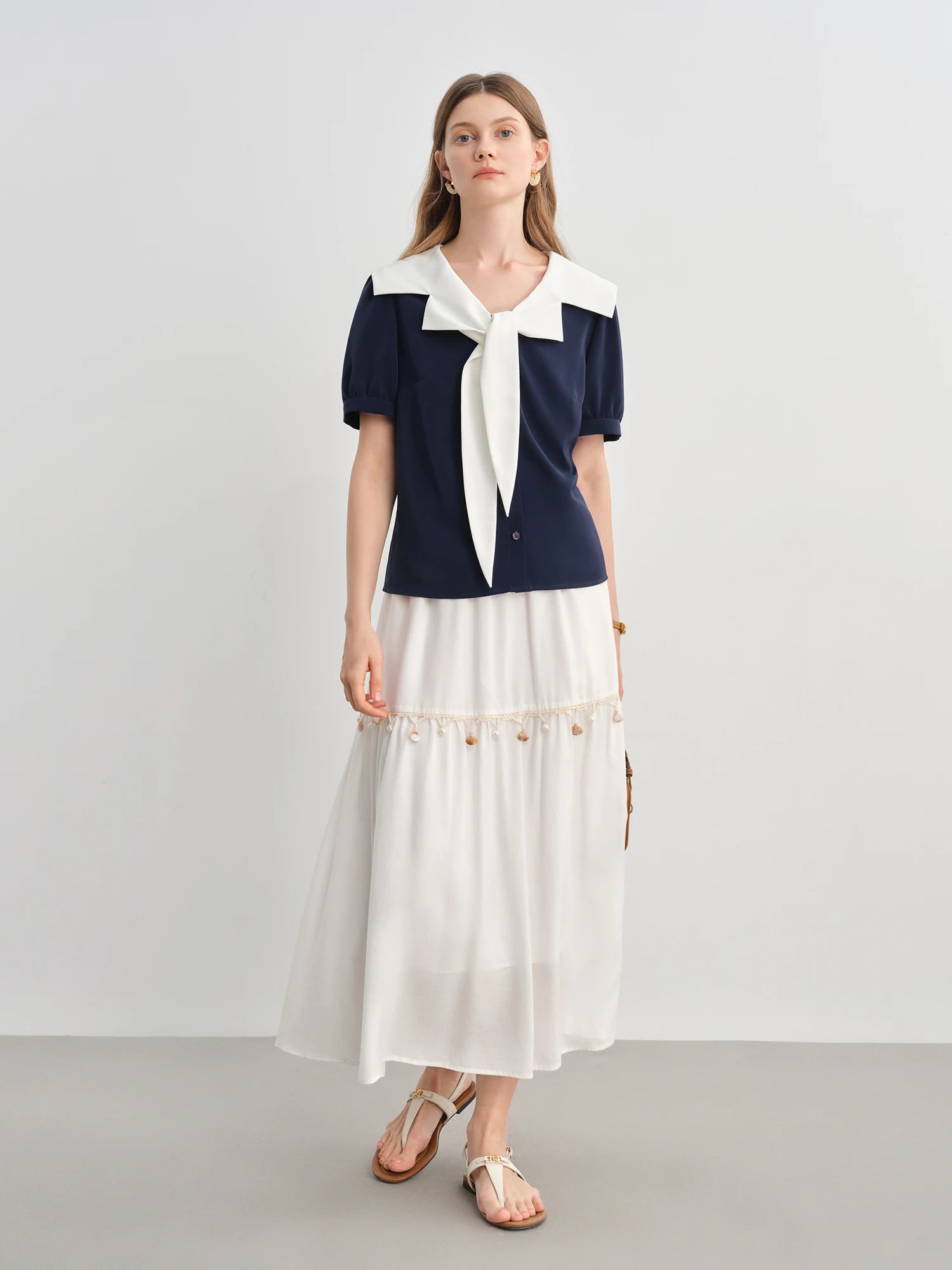 DUSHU Plus Size Women's Nautical Style Navy Collar Contrast Shirt 2025 Summer New Slim All-match Short-sleeved Top 25DS82363