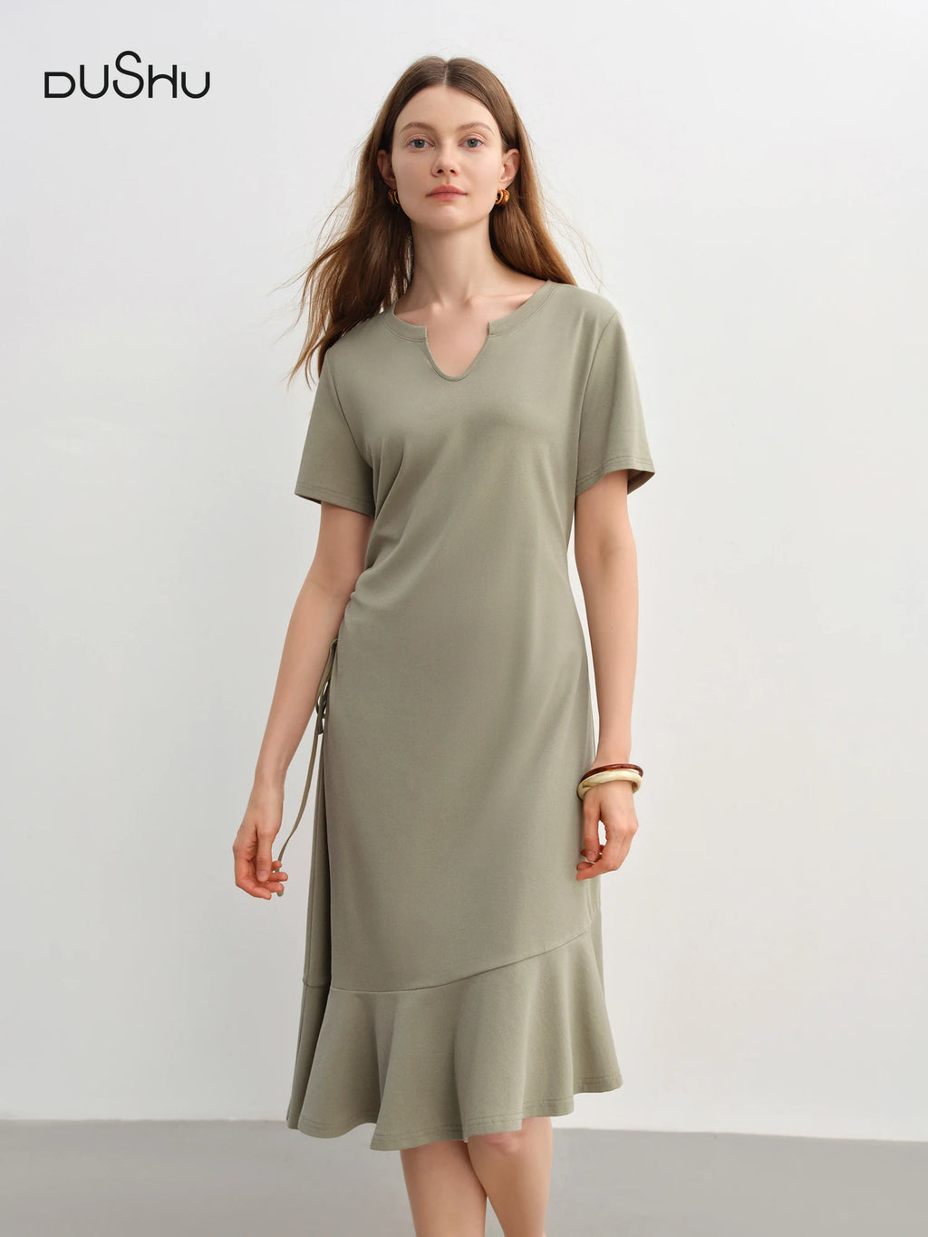 DUSHU 2025 Summer Women's V-Neck Drawstring Waist Dress - Elegant Casual Flowy A-Line Midi Length
