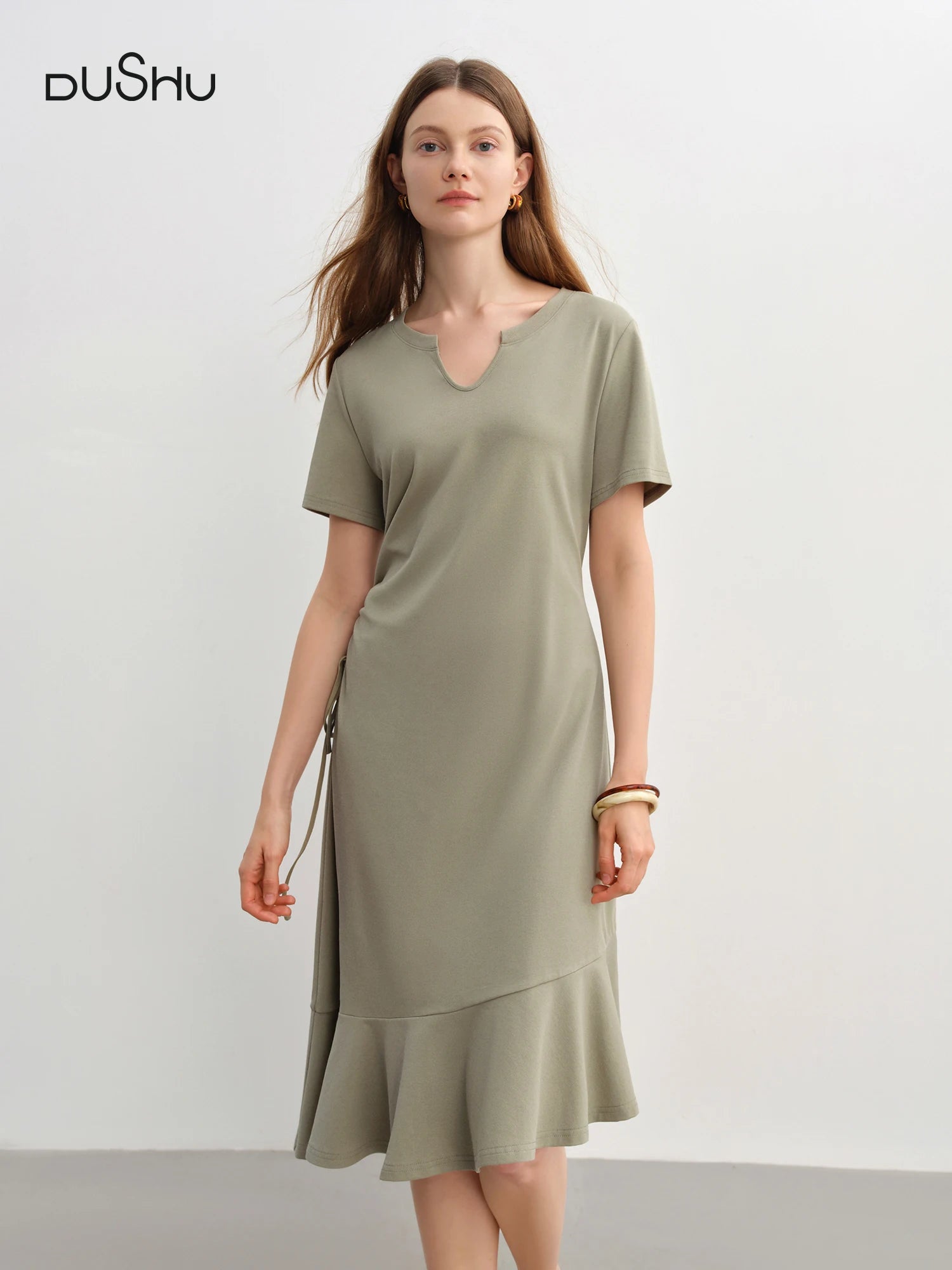 DUSHU 2025 Summer Women's V-Neck Drawstring Waist Dress - Elegant Casual Flowy A-Line Midi Length