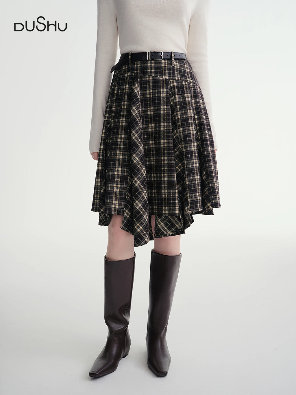DUSHU Irregular A-line Skirt 2025 Winter Skirt Women Vintage American Style Plaid Streetwear Leisure Mid-length Y2k