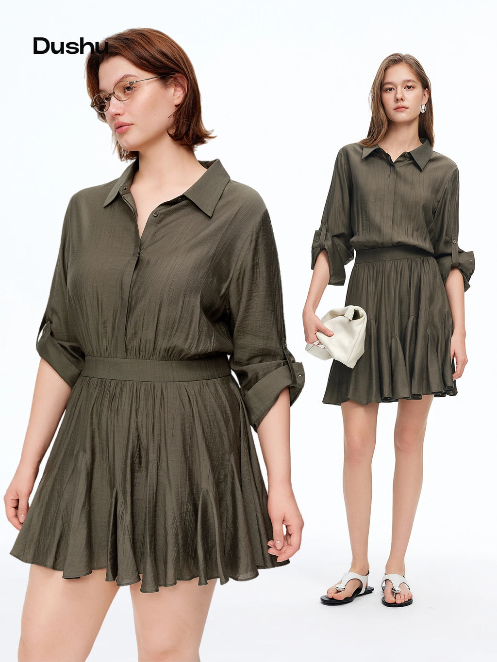DUSHU 2026 Spring New Women's Shirt Collar Belted Midi Dress Office Chic Wrap Dress for Effortless Elegance & Minimalist Style