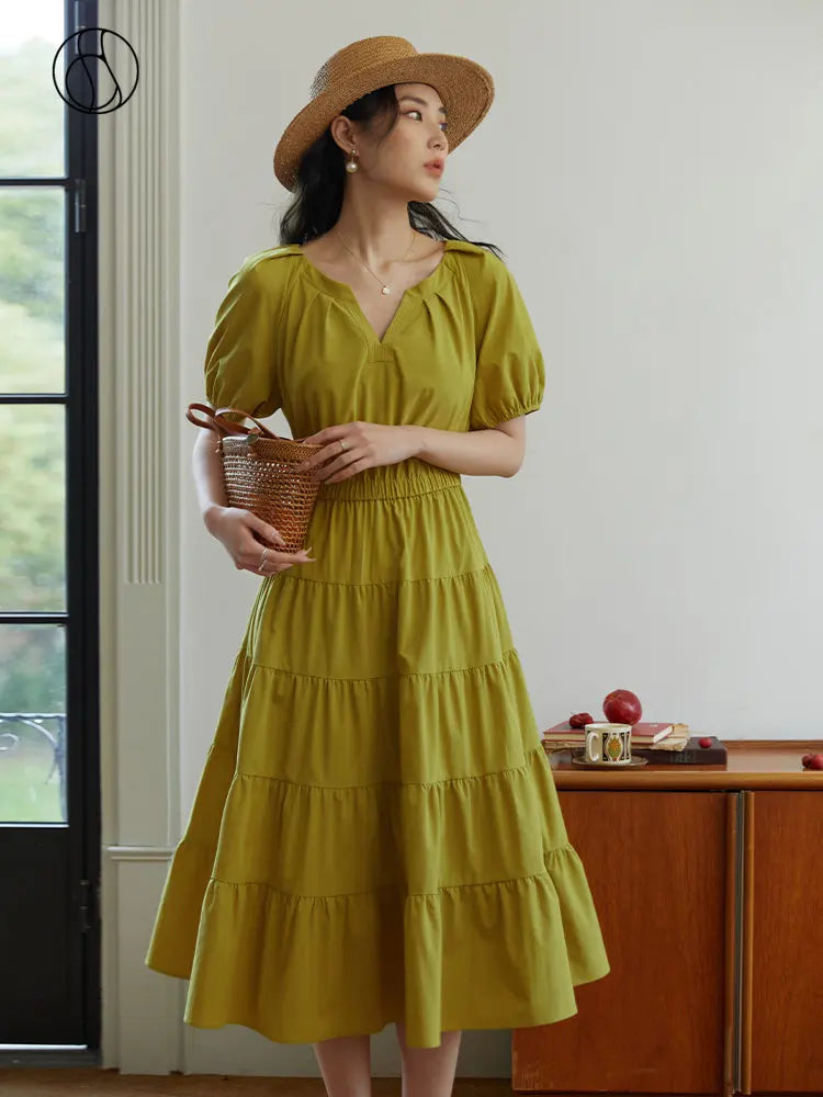 DUSHU Solid Women V-Neck Summer Long Dress Stepped Pleated Skirt Heavy Industrial Slimming Dress French Casual Female Dresses