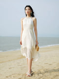 DUSHU Beige Holiday Halter Dress 2024 Summer New Women Long Loose Thin Dress Beaded Neckline Decoration Chiffon Dress 24DS82815