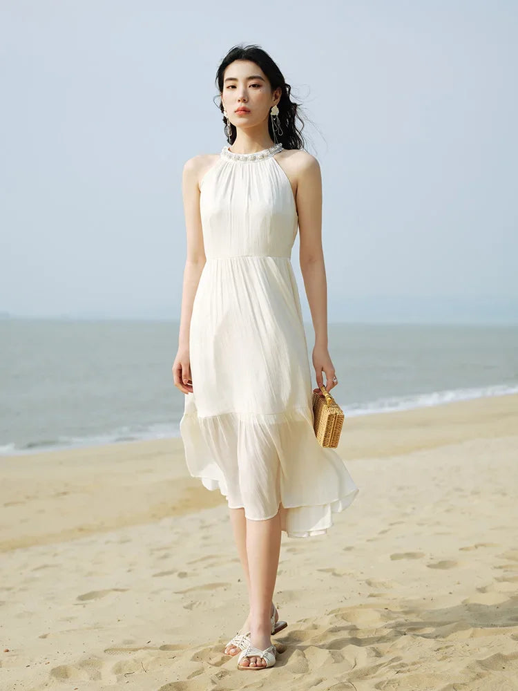 DUSHU Beige Holiday Halter Dress 2024 Summer New Women Long Loose Thin Dress Beaded Neckline Decoration Chiffon Dress 24DS82815