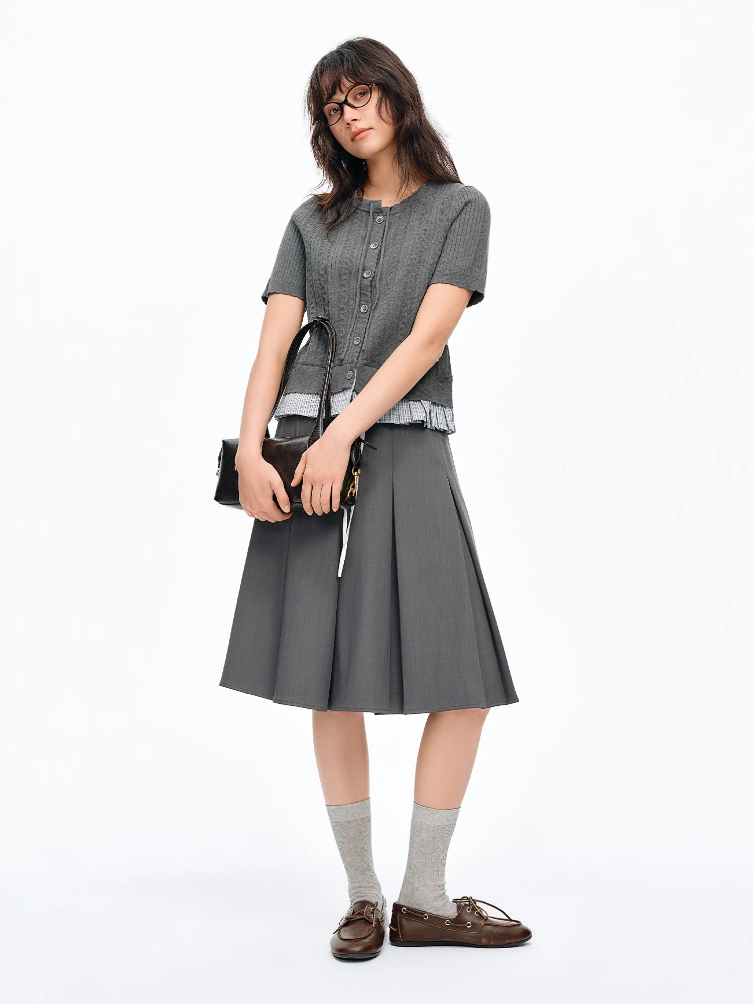 DUSHU Color-blocked Drawstring Midi Skirt New Summer Korean Style High-waisted Slimming A-line Pleated Skirt College All-match