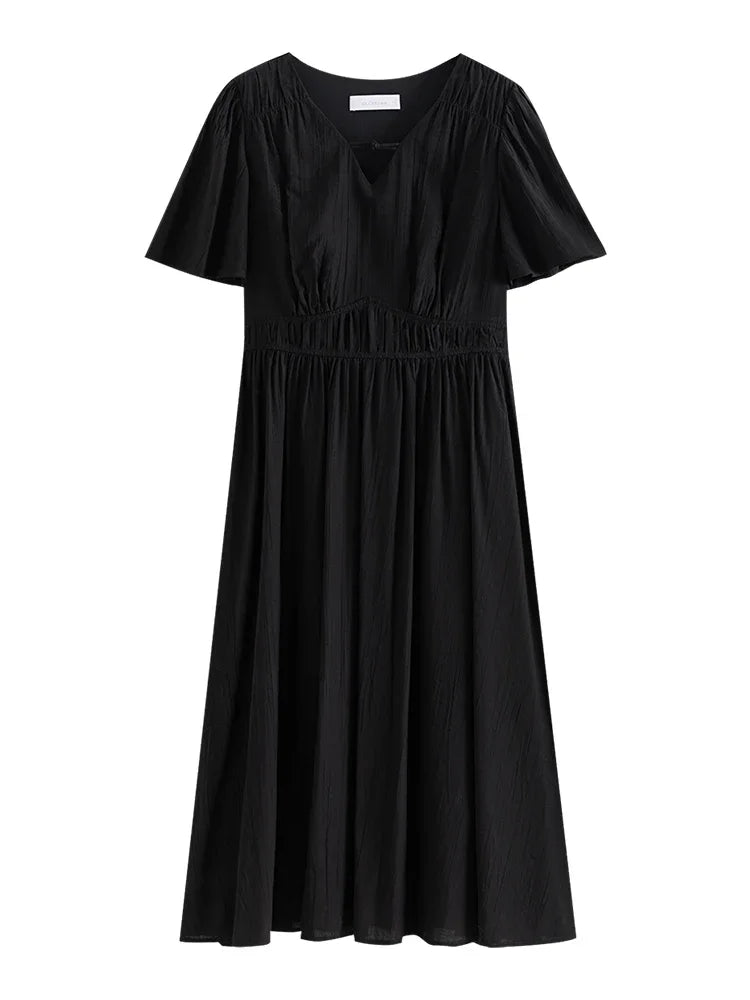 DUSHU French Style V-neck Elegant Casual Dress Summer New A-Line Long dress 2024 New Hepburn Style Ladies Dress 24DS82646