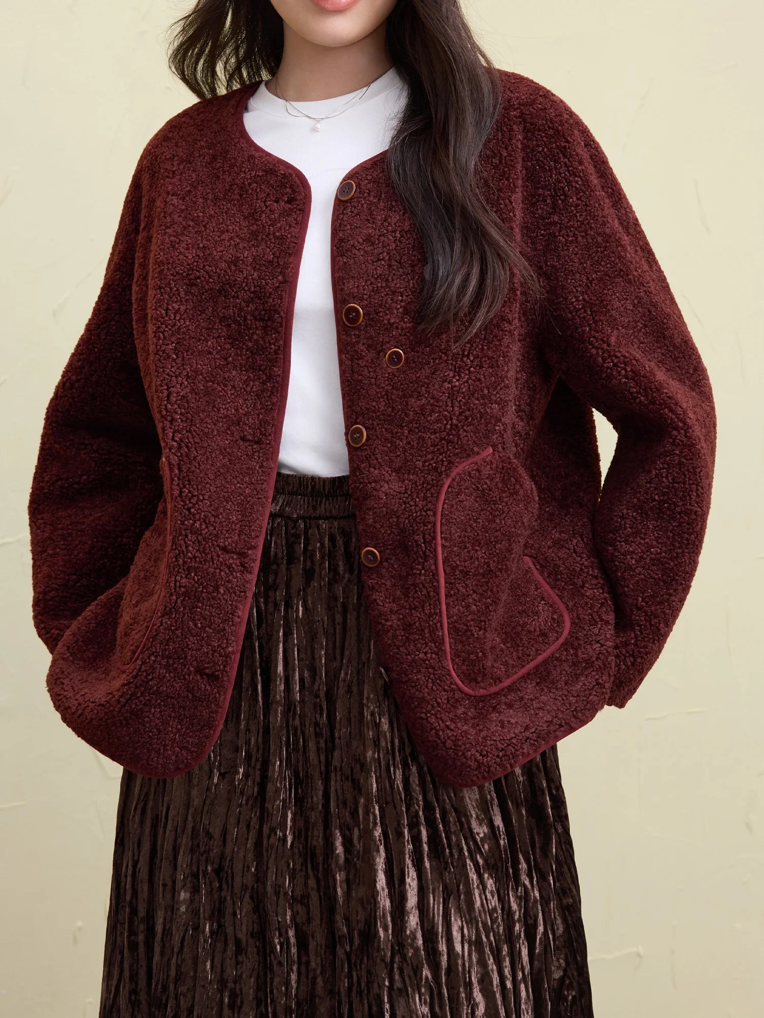 DUSHU Women Winter Coat With Scarf Faux Lambskin Coats Round Neck Drop Sleeve Casual Dark Red Jackets 24DS84648