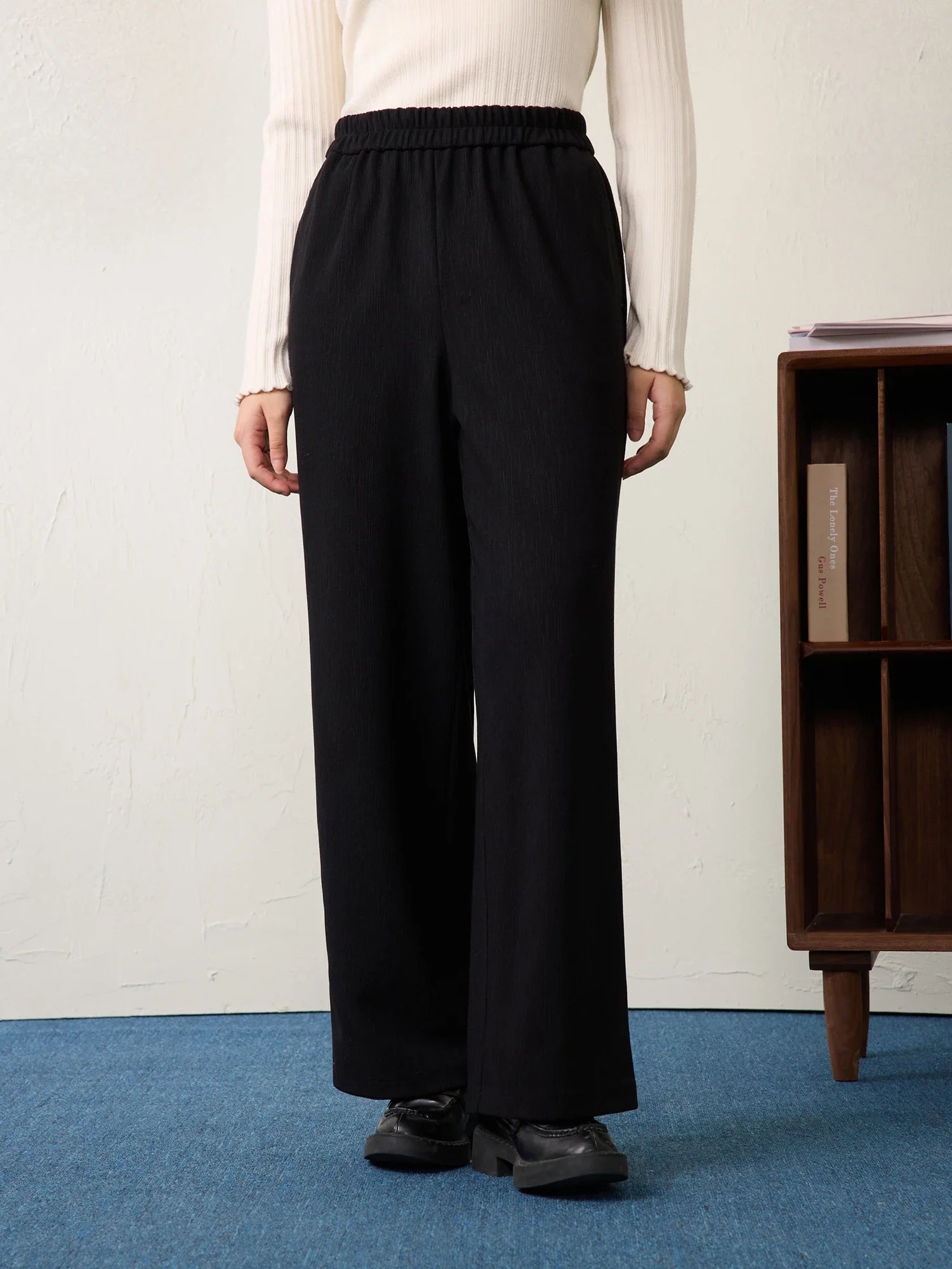 DUSHU Women Spring Casual Pants Beige All-Match Elastic Waist Straight Trousers Black Commuter Long Trouser 25DS81140