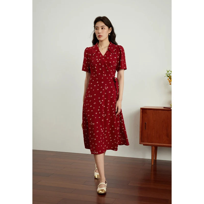 DUSHU Women Dress Summer Retro Red Floral Chiffon Dress Office Lady Short Sleeve A-LINE Skirt Clothes For Women Print Dresses