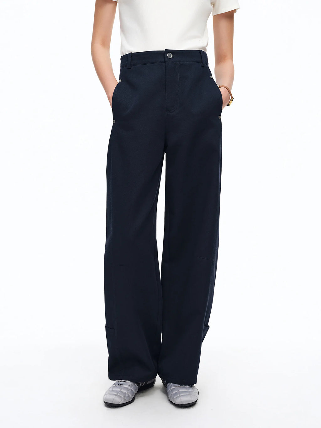 DUSHU Women's Workwear inspired Casual Pants High-waist Ripped Seam Metal Studs Straight-leg Long Pants 2026 Summer New Arrival