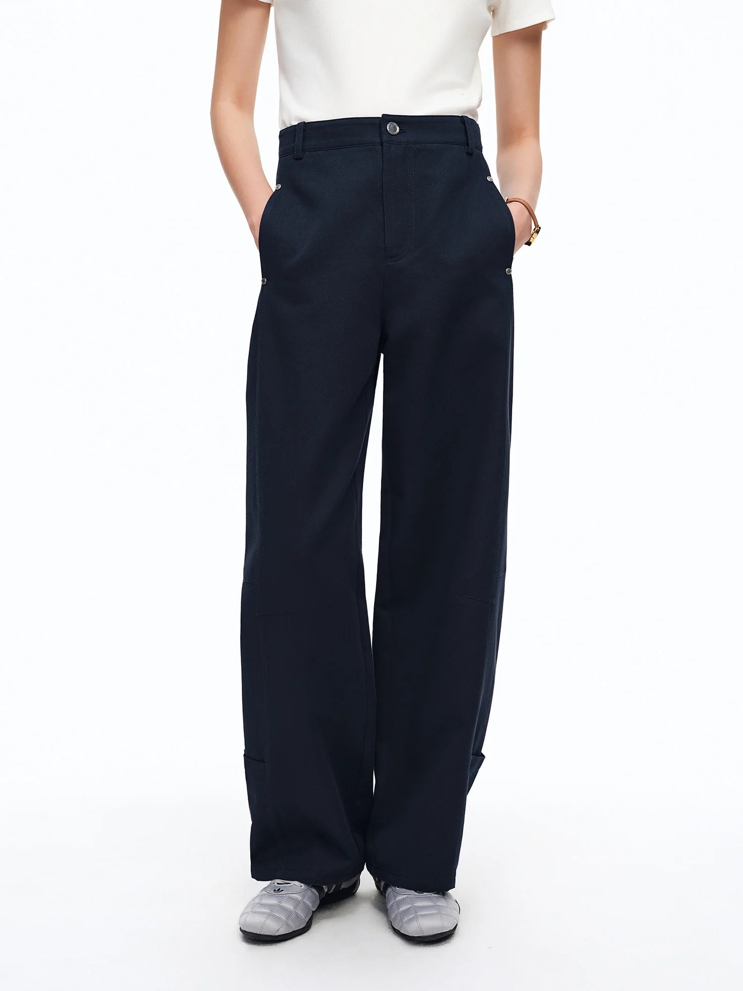 DUSHU Women's Workwear inspired Casual Pants High-waist Ripped Seam Metal Studs Straight-leg Long Pants 2026 Summer New Arrival