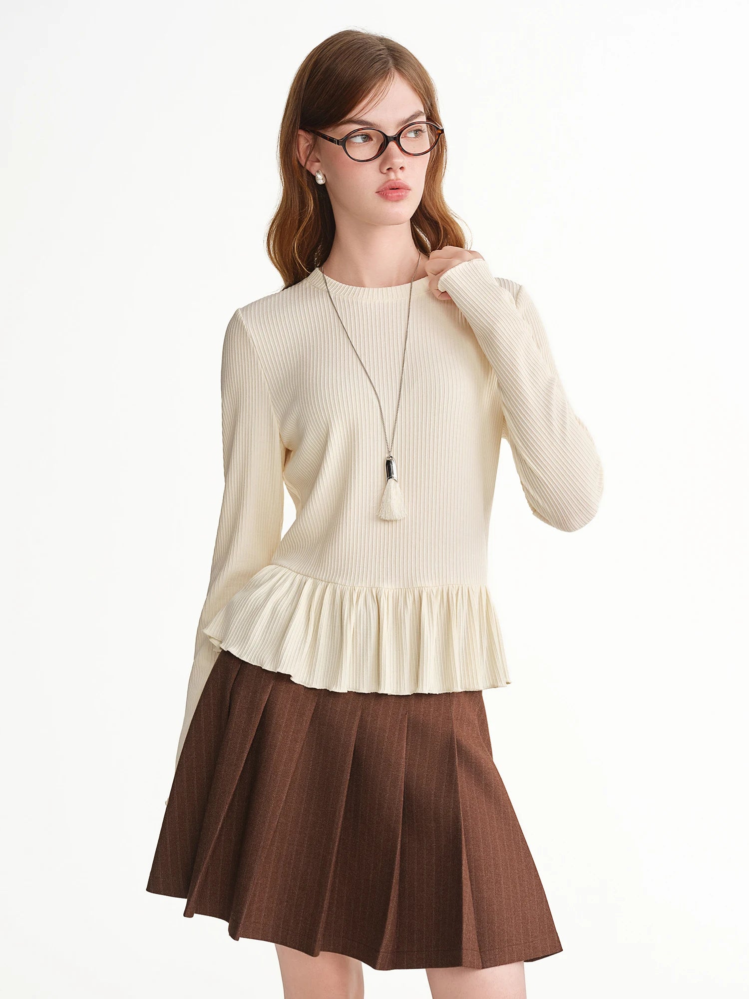 DUSHU 2025 Winter Plus Size Ruffle Trim Round Neck Knit Top Women's Slimming Baselayer Turtleneck Casual Blouse Casual Looks