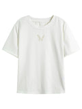 DUSHU Office Lady Hollow Mesh Embroidery Straight Shoulder T-shirt 2025 Spring Summer New Commuter Short-sleeved Top 25DS81307