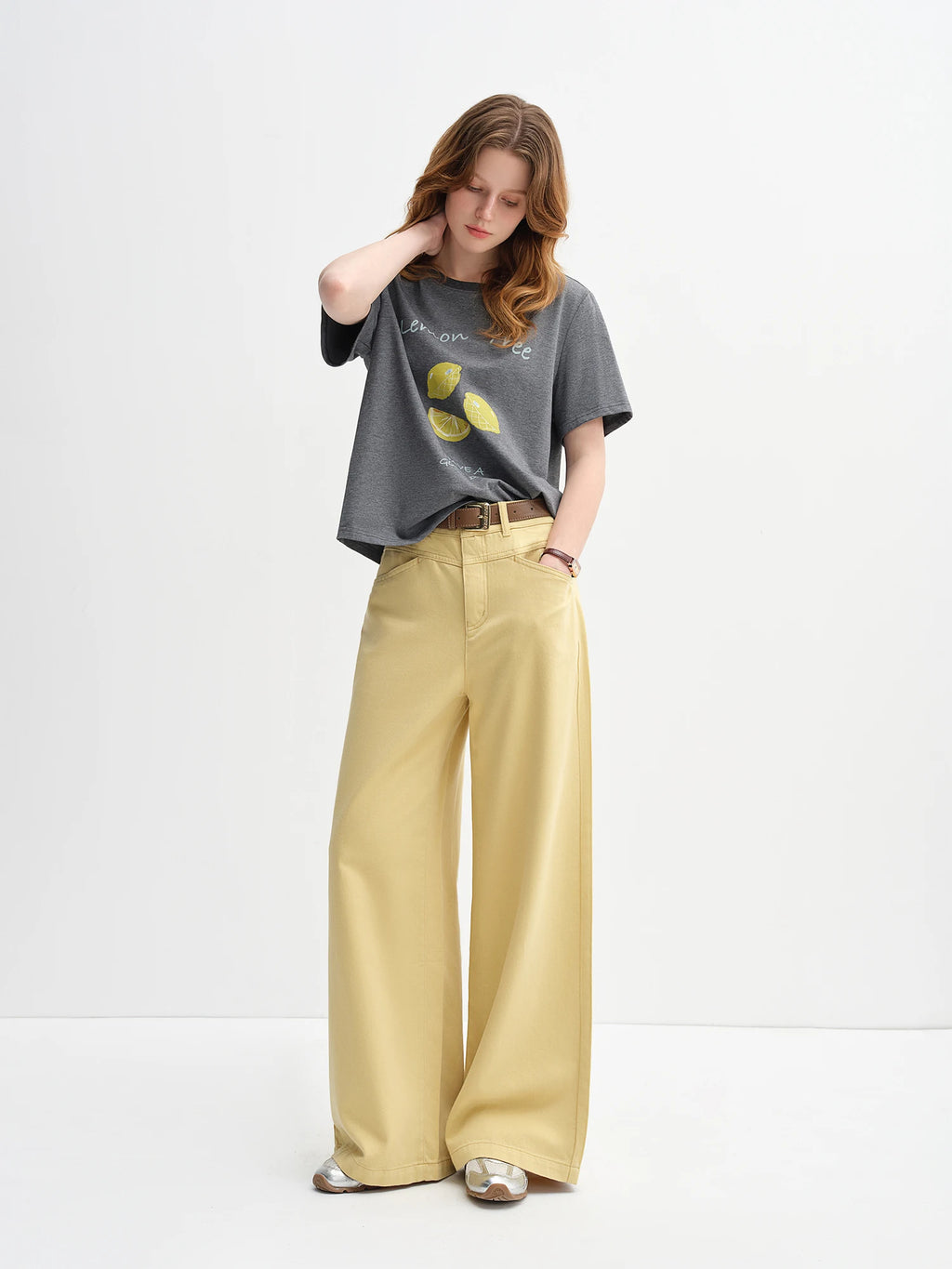 DUSHU 79.6% Cotton Women's Simple Straight Shoulder Loose Fruit Print T-shirt Female 2025 New Autumn Short-sleeved Top 25DS83171